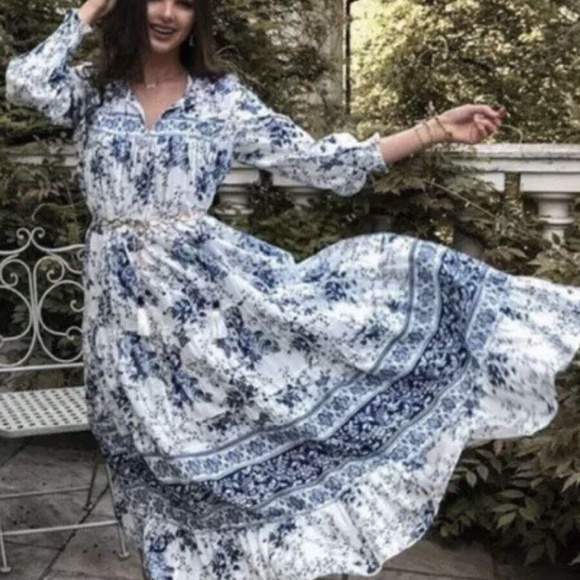 ZARA Boho Floral Print Ruffle Maxi Dress White & Blue Blogger Favorite XS - Picture 7 of 12